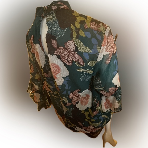 As U Wish Green and Pink Floral A-Line Dress with Ruffled Sleeves - Picture 7 of 11